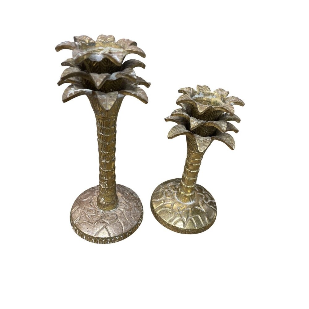 VTG Figural palm tree pair of solid brass candle sticks SKU 9734